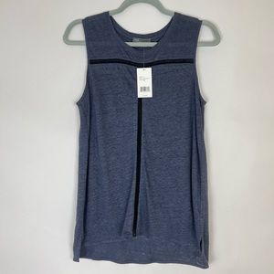 VINCE sleeveless blouse in soft navy with navy blue eyelet stitching det…